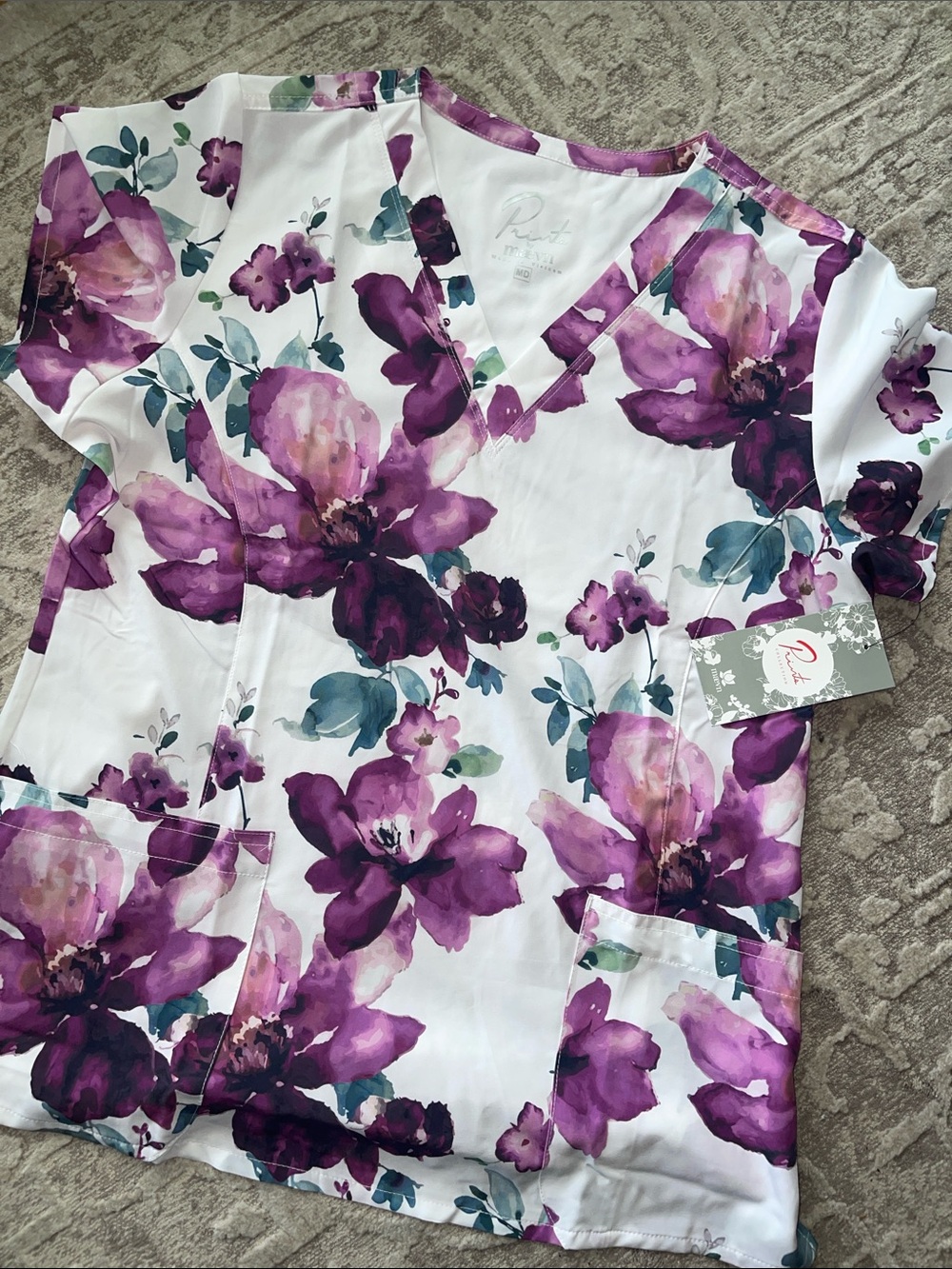 Prints by Maevn Purple Floral V-Neck Scrub Top